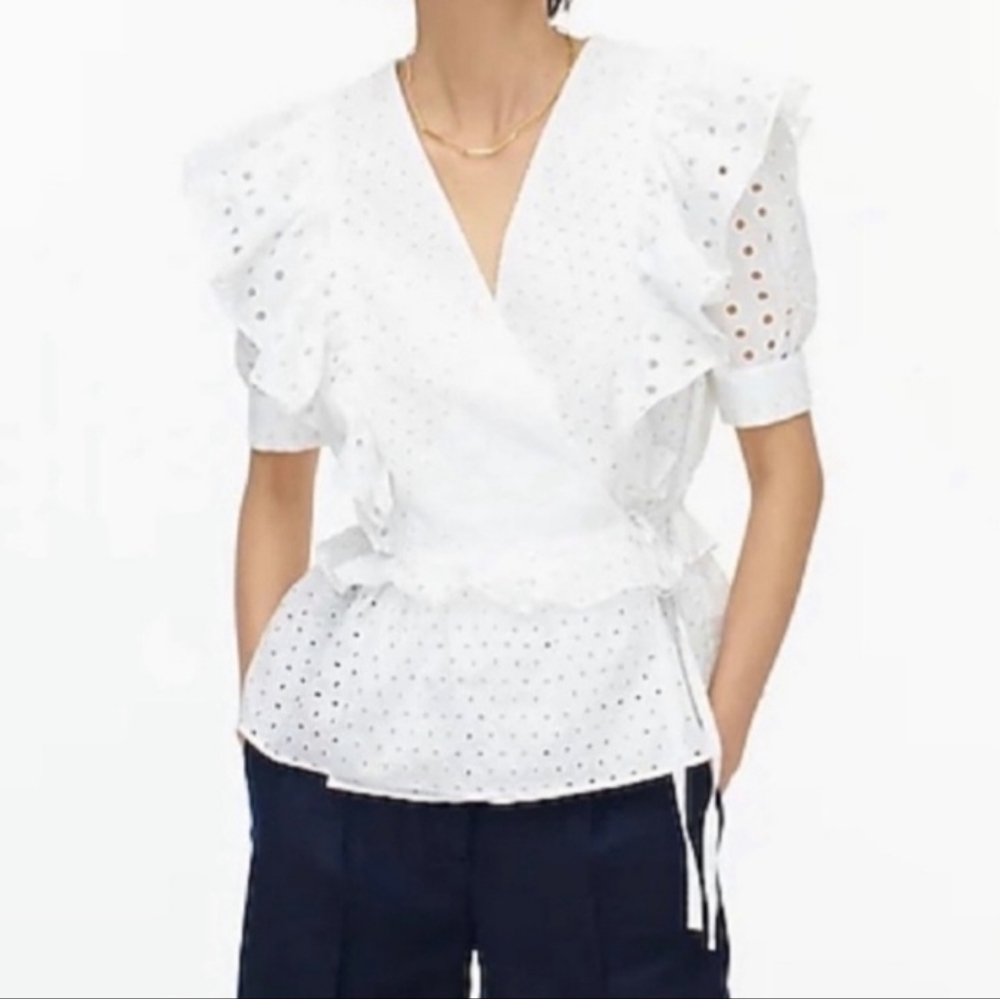 J. Crew White Eyelet Short Puff Sleeve Wrap Top Blouse Size XS NEW NWT